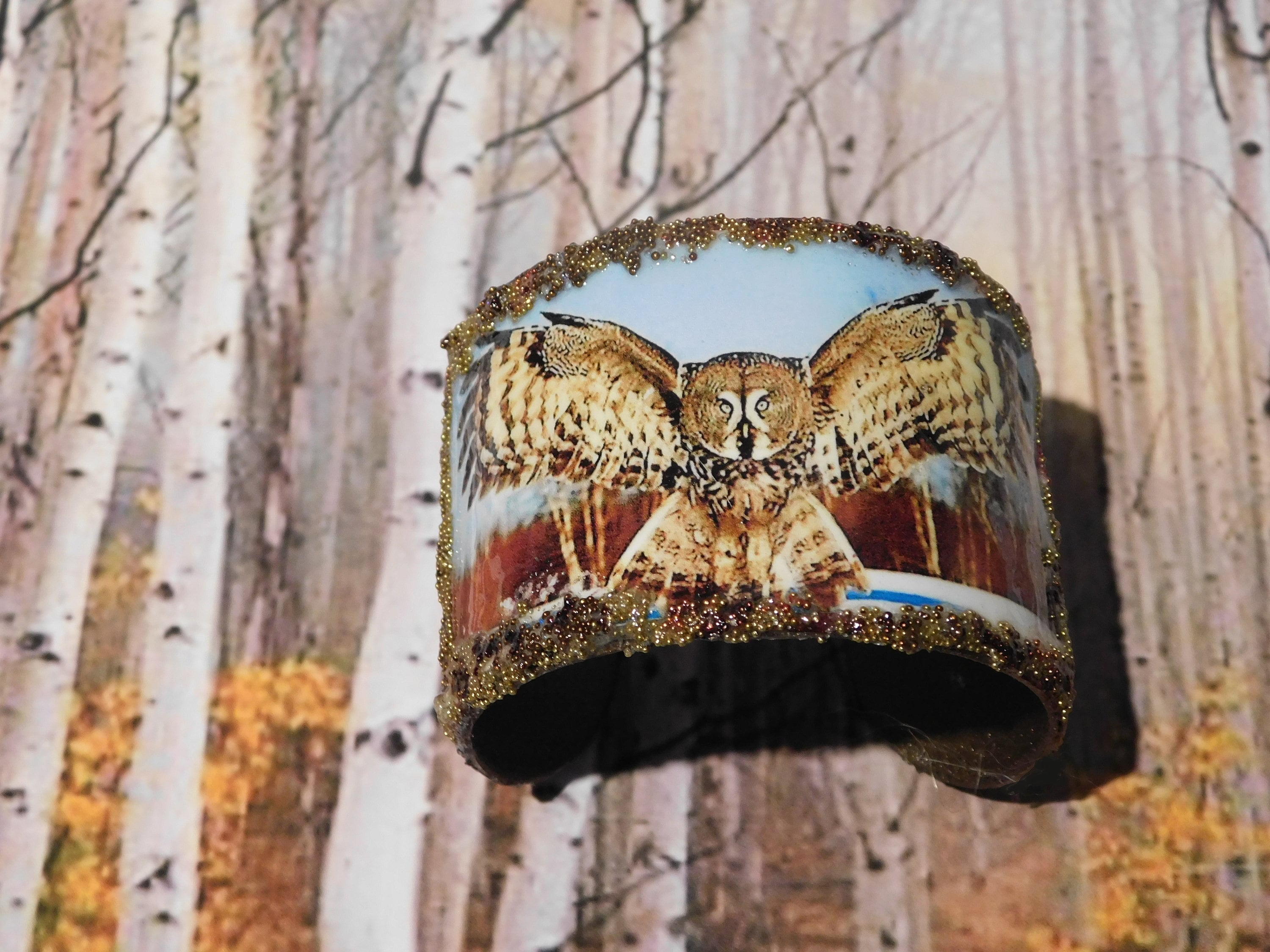Great Grey Owl bracelet, owl cuff, mixed media  bracelet,  beaded cuff bracelet