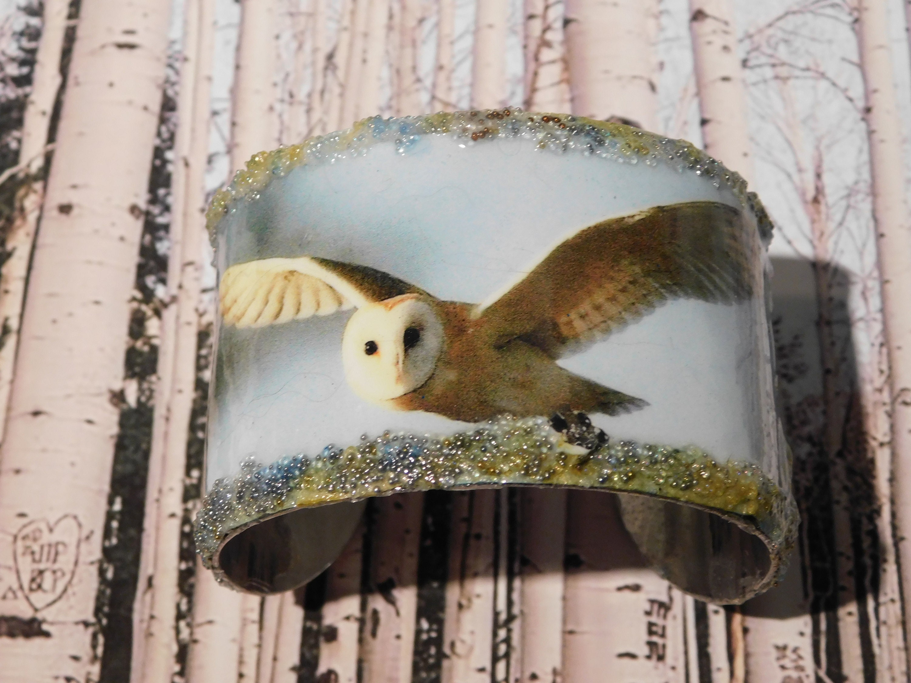 Barn Owl bracelet, owl cuff, mixed media  bracelet,beaded cuff bracelet