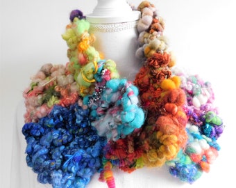 Art yarn scarf, Rainbow art yarn scarf, Hand knit collar, Patchwork knit scarf, Fiber art, Hand spun art yarn, Rainbow scarf, Wearable art