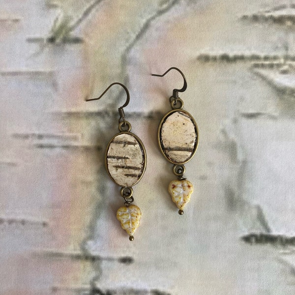 Birch Bark Earrings, White Birch, Drop Earrings,Bronze Oval Earrings, Nature Lover, Gardener Gift, Gift for Her, Cameo Charm Earrings