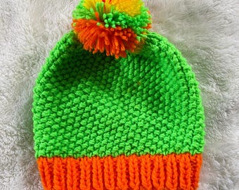 Hand Knit Hat, Lime Green Beanie, Orange, Neon Yellow, Color Block Hat, Pom Pom Knit Hat, Hand Knit Beanie Hat,  Slouchy Hat, Slouchie Hat