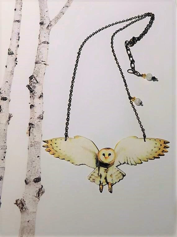 Barn Owl necklace barn owl statement necklace feather  swarovski crystals beaded necklace