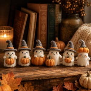 May include: Six small needle-felted white ghost figurines arranged in a row. Each ghost wears a grey pointed hat with an orange band and holds a small orange pumpkin. The ghosts have simple black eyes and stitched smiles, crafted from soft wool.