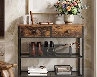 Rustic Narrow Console Table with Drawers Slim Wood Entryway Hallway Sofa Stand