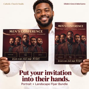 May include: A digital flyer bundle for a Men's Conference featuring portrait and landscape layouts. The design includes a group of five men in suits, the text 'MEN'S CONFERENCE', 'HOLY SPIRIT FAITH PURPOSE LEADERSHIP', and 'Wise men still seek JESUS.'