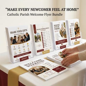 May include: A Catholic Parish Welcome Flyer Bundle featuring multiple printed documents with text including SHARE YOUR GIFTS, WELCOME WEEKEND SCHEDULE, REGISTER WITH THE PARISH, and SCHOOL OF RELIGION REGISTRATION, displayed in clear acrylic holders.