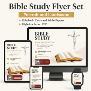 May include: A digital Bible Study flyer set displayed on a computer monitor, tablet, smartphone, and smartwatch. The designs feature a cross, an open book, and the text Bible Study, Growing Together in God's Word, and Scan to Join.