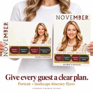 May include: Two church event flyers in portrait and landscape orientations featuring a photo of Pastor Sarah Abraham, the text NOVEMBER, service dates and times, the address 1 Gospel Avenue, Kingdom City, Westlake, TX 76262, and social media handles.