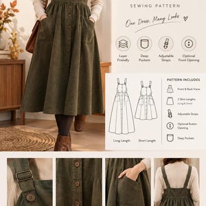 Puede incluir: Un patrón de costura para un vestido tipo pichi, que muestra un vestido verde oliva con tirantes ajustables, una abertura frontal con botones y bolsillos profundos. El documento incluye ilustraciones técnicas, tallas de XS a 4XL e instrucciones para imprimir en casa en papel A4.