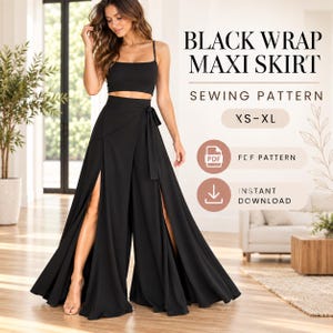 Black Wrap Maxi Skirt Sewing Pattern PDF, Asymmetrical High Waist Side Tie, XS–XL, Digital download.