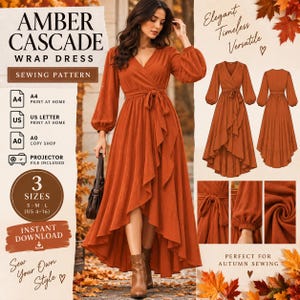 Pode incluir: Um molde de costura para um vestido envelope Amber Cascade na cor laranja queimado. O vestido apresenta mangas compridas com punhos franzidos, decote em V, cinto para amarrar na cintura e bainha assimétrica. Inclui arquivos A4, A0 e projetor.