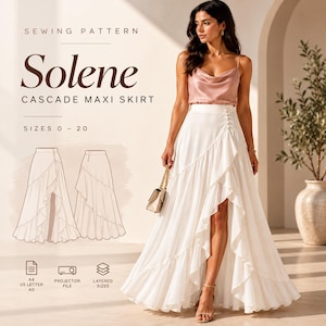 May include: A sewing pattern for a Solene cascade maxi skirt in sizes 0-20. The image displays a white maxi skirt with a side ruffle and button detail, paired with a pink camisole. Includes technical line drawings and file format icons.