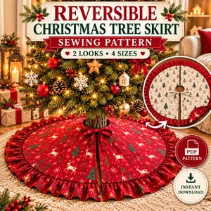 May include: A sewing pattern for a reversible Christmas tree skirt featuring a red fabric with white deer and green tree prints, and a beige fabric with green tree prints. The pattern includes 2 looks and 4 sizes, available as a PDF instant download.