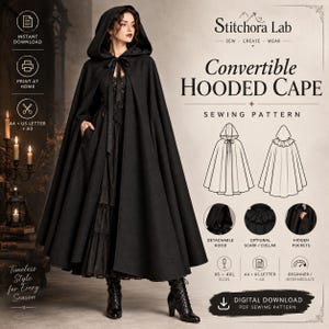 Gothic Cape Sewing Pattern PDF, Hooded Witch Cloak with Detachable Collar, Adult XS-4XL, Halloween Costume, A4 A0