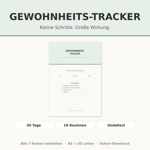 Könnte beinhalten: Ein Gewohnheits-Tracker Dokument mit dem Titel GEWOHNHEITS-TRACKER und dem Untertitel Kleine Schritte. Große Wirkung. Die Seite enthält Bereiche für 30 Tage, 10 Routinen und ein undatiertes Format sowie eine Liste mit Inhalten wie Trackern und Monatsübersichten.