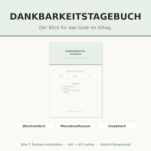 Può includere: Un modello di diario di gratitudine digitale intitolato DANKBARKEITSTAGEBUCH con il sottotitolo Der Blick für das Gute im Alltag. La pagina include sezioni per voci settimanali, mensili e non datate, oltre a un elenco di contenuti in tedesco.