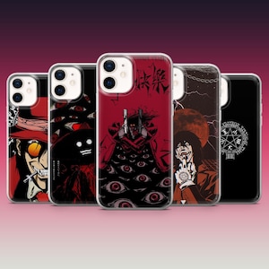 May include: Five clear phone cases featuring Hellsing anime character designs. The cases display Alucard with red hats, sunglasses, and guns, alongside imagery of eyes, a red moon, and a circular occult symbol with text on a black background.