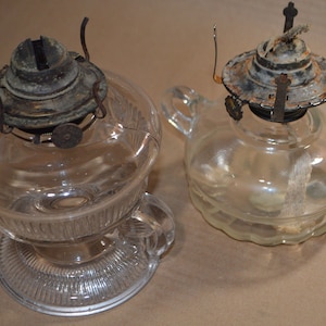 Hurricane lamp bases with finger handles, 2 vintage clear glass lamp bases, working condition