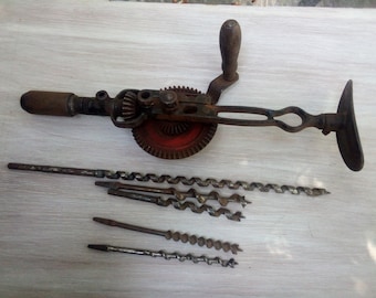 Antique Hand Hand Crank Drill with shoulder BIT BRACE, level and set of 5 drill bits.  Tool collectors gift, decor or off grid living