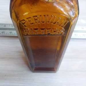 1880s Western PERUVIAN BITTERS medicine bottle, San Francisco bottle, Wilmerding & Loewe Square Amber Glass bitters bottle, 11 inch tall