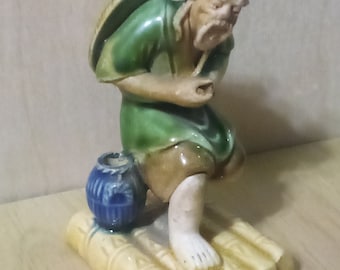 Vintage 40's Shiwan Mudman Chinese Fisherman On Raft