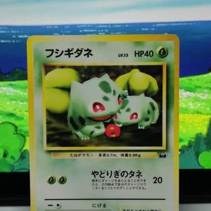 Op de afbeelding: Een Japanse Bulbasaur ruilkaart met de naam Fushigidane, HP40 en level 13. De kaart toont een illustratie van twee groene wezens met rode ogen en een rode bes, met tekst die een lengte van 0,7m en een gewicht van 6,9kg aangeeft.