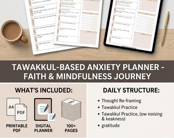 Islamic Mental Health Bundle | Anxiety Planner, Overthinking Worksheet, Self-Compassion Tracker (Digital Download)