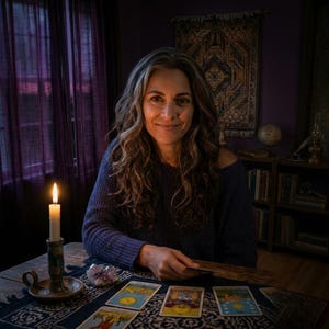 Op de afbeelding: Een persoon met lang golvend haar in een donkerblauwe trui zit aan een houten tafel met een brandende kaars in een keramische houder, een kleine amethistcluster en verschillende tarotkaarten op een donker kleed met een patroon.