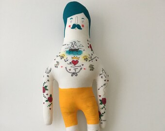 Large Handmade Art Doll- Sailor- Nautical Painted Plush - Mustache- Tattoo- Vintage Inspired- Ready to Ship