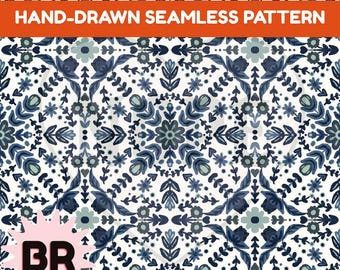 Blue Folk Art Seamless Pattern | Hand Drawn Floral Digital Paper | Scandinavian Botanical Repeat | 12x12 PNG Download