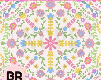 Kawaii Rainbow Seamless Pattern | Folk Art Digital Paper | Scandinavian Floral Repeat | Cottagecore