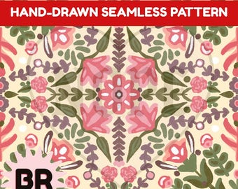 Pink Folk Art Floral Seamless Pattern | Hand Drawn Botanical Repeat (Digital Download)