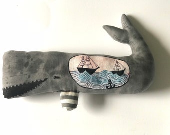 SALE Grey Whale- Illustrated art Doll- plush