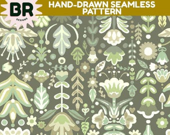 Hand-Drawn Folk Art Botanical Seamless Pattern | Scandinavian Floral Digital Paper (12x12 PNG Download)