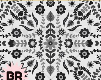 Nahtloses Blumenmuster in Schwarz und Grau | Modernes digitales Papier im Stil der Volkskunst | Skandinavisches Blumenmuster