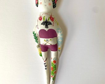 Frida Kahlo Art Doll with Tattoo Sleeve- Plush Doll OOAK