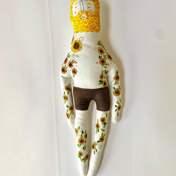 Vincent Van Gogh - Sunflowers Art Doll with Tattoo Sleeve- Plush Doll OOAK