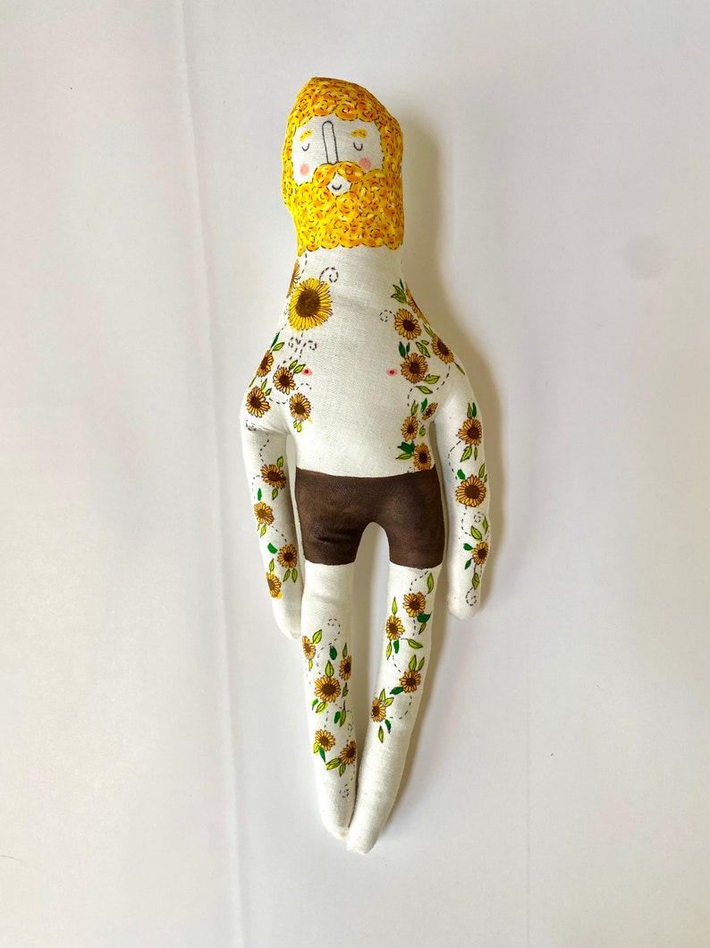 Vincent Van Gogh Sunflowers Art Doll with Tattoo Sleeve Plush Doll OOAK image 1