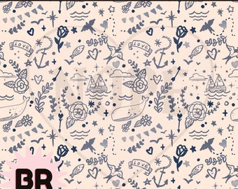Hand Drawn Tattoos Seamless Pattern | Folk Art Digital Paper