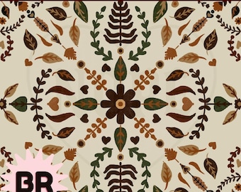 Earthy Folk Floral Seamless Pattern | Hand Drawn Botanical Repeat | Rustic Autumn Digital Paper