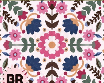 Bold Pink Folk Floral Seamless Pattern | Hand Drawn Botanical Repeat | Retro Scandinavian Digital Paper