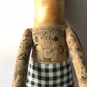 One of a Kind Art Doll Large Painted Tattooed Plush Doll Metallic hair with occult chest piece image 4