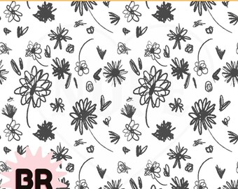 Black and White Floral Seamless Pattern | Hand Drawn Scribble Flowers | Fabric Design