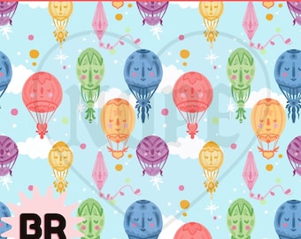Happy Hot Air Balloon Seamless Pattern | Folk Art Digital Paper | Scandinavian Floral Repeat | Cottagecore