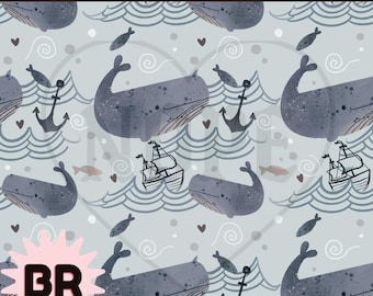 Happy Whale Pattern | Folk Art Digital Paper | Seamless Repeat