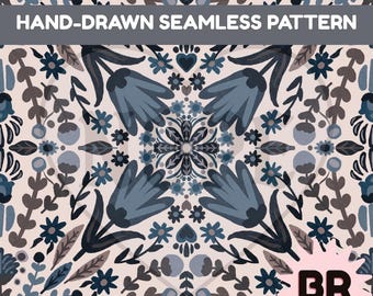 Hand Drawn Blue Folk Art Seamless Pattern | Scandinavian Floral Digital Paper (12x12 PNG Download)