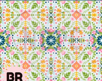 Bee Folk Art Seamless Pattern | Scandinavian Bee Pattern | Cottagecore Floral Repeat | Hand Drawn Folk Art Design