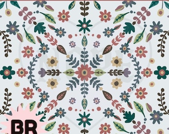 Nahtloses, blau getöntes Blumenmuster | Digitales Papier im Stil der Volkskunst | Skandinavisches Blumenmuster | Cottagecore