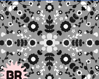 Patrón floral folclórico en blanco y negro sin costuras / Repetición botánica dibujada a mano / Papel digital monocromo