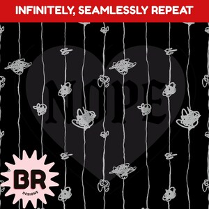 May include: A digital pattern featuring vertical white lines on a black background, accented with scattered white scribbled circles. The top red banner displays the text INFINITELY, SEAMLESSLY REPEAT, and a pink starburst logo with BR DESIGNS is visible.